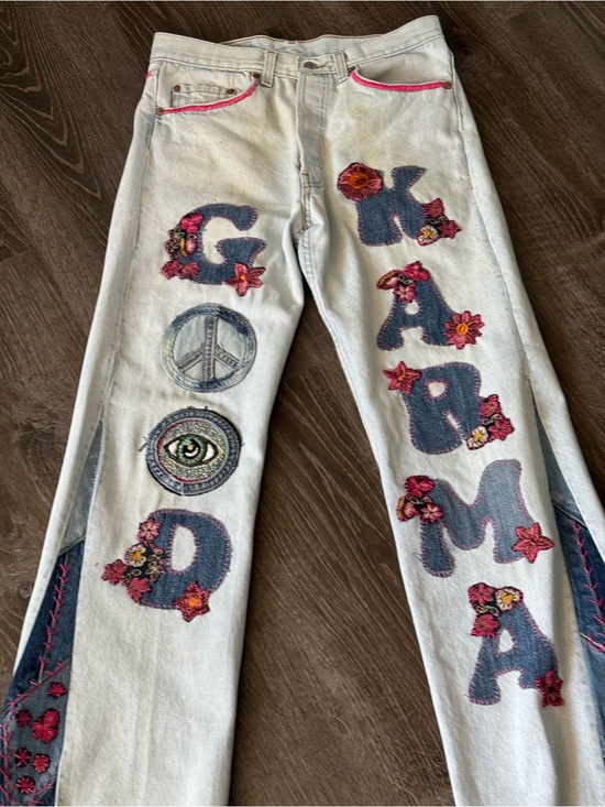Levi's Denim - Upcycled Levi’s 501 GOOD KARMA Jeans | Custom Flare Leg | Peace Sign & Eye Art